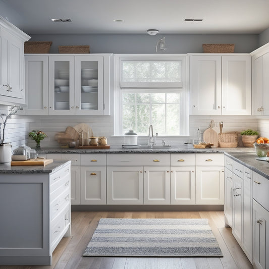 A serene, well-lit kitchen with sleek white cabinets, featuring a combination of pull-out drawers, adjustable shelves, and baskets, showcasing a clutter-free and organized interior.