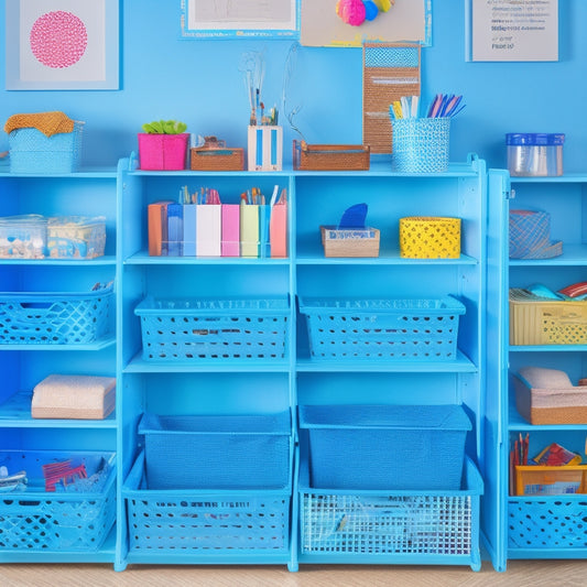 A tidy classroom cabinet with labeled baskets, stacked bins, and a pegboard with hooks, against a calming blue background, with a few scattered pencils and a single, open binder.
