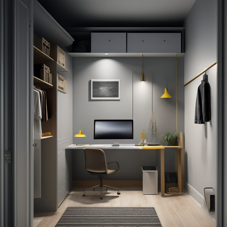 A minimalist illustration of a closet interior with a desk and chair in the center, surrounded by design tools like a tape measure, level, and laptop with a 3D design software open on the screen.