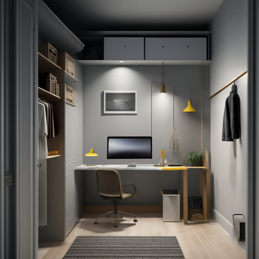 A minimalist illustration of a closet interior with a desk and chair in the center, surrounded by design tools like a tape measure, level, and laptop with a 3D design software open on the screen.