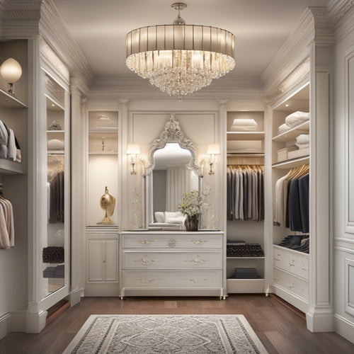 A luxurious, spacious closet with cream-colored walls, dark wood shelves, and a crystal chandelier, featuring a 3D virtual design software interface displayed on a large, sleek touchscreen monitor.