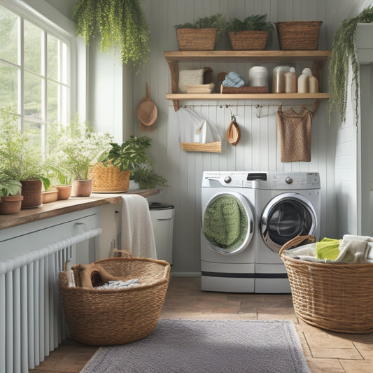 A bright, organized laundry room with a reclaimed wood shelving unit, a vintage-inspired washing machine, and a woven basket filled with fresh laundry, surrounded by lush greenery.