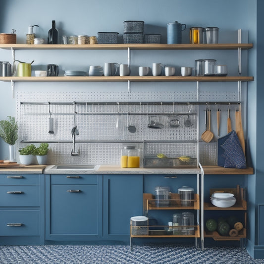 A tidy, modern kitchen with a wall-mounted pegboard holding utensils, a pull-out spice rack beneath a countertop, and a tiered cart with labeled baskets and a built-in knife block.