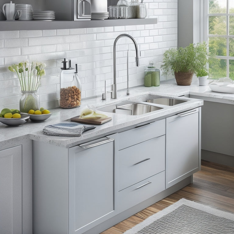 A tidy, modern kitchen sink area with a sleek faucet, surrounded by various under-sink storage appliances, including a slide-out trash can, a pedestal sink organizer, and a stainless steel basket.