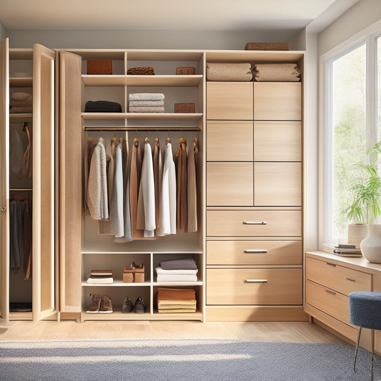 A sleek, modern closet interior with custom shelving in a light wood tone, featuring a mix of drawers, hanging rods, and shelves, surrounded by soft, creamy walls and a large window with natural light.