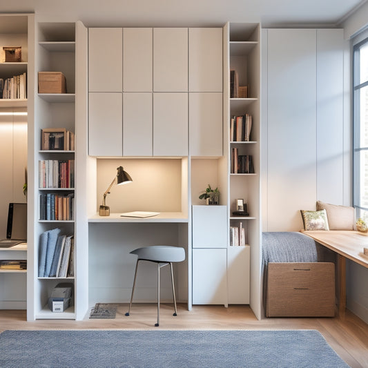 A tidy, minimalist apartment with a Murphy bed, floor-to-ceiling shelves, and a compact desk with built-in storage, showcasing optimal use of space and clever storage solutions.