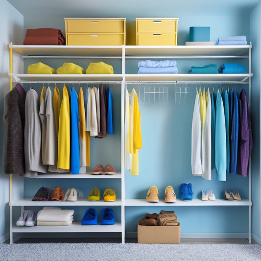 A minimalist closet with a color-coded clothing rack, stacked storage bins, and a hanging shoe organizer, surrounded by a few neatly folded clothes and a single, well-placed laundry basket.
