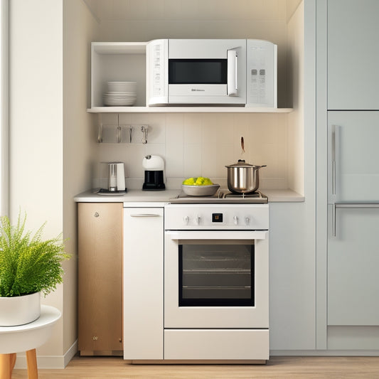 A modern, compact kitchen with a sleek, silver cart featuring a built-in microwave, two drawers, and a narrow shelf above, all situated against a crisp, white background.
