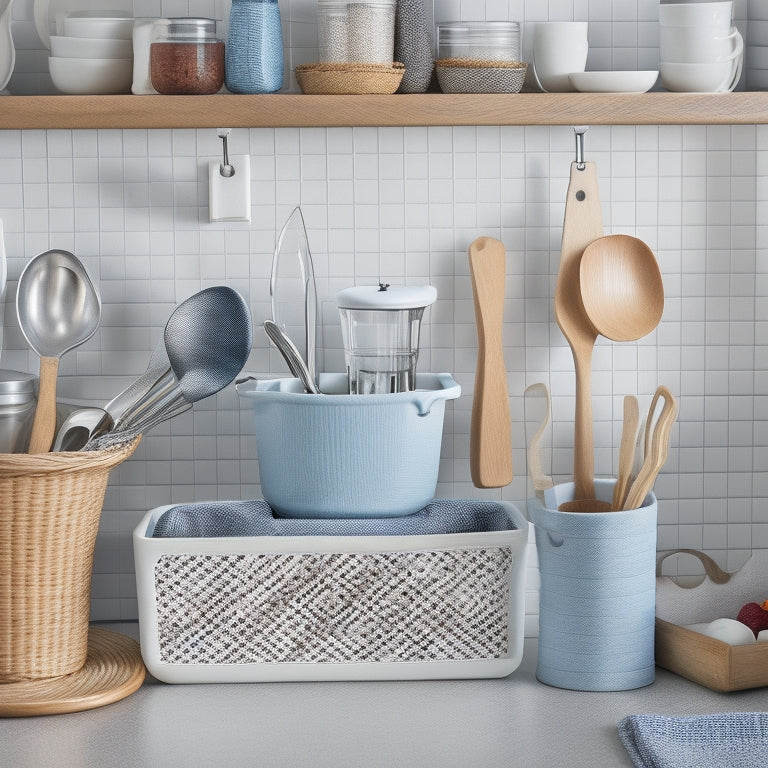 A clutter-free kitchen countertop with a wooden utensil holder, a ceramic container, a chrome pegboard, and a woven basket, each filled with neatly organized small utensils like spoons, whisks, and spatulas.