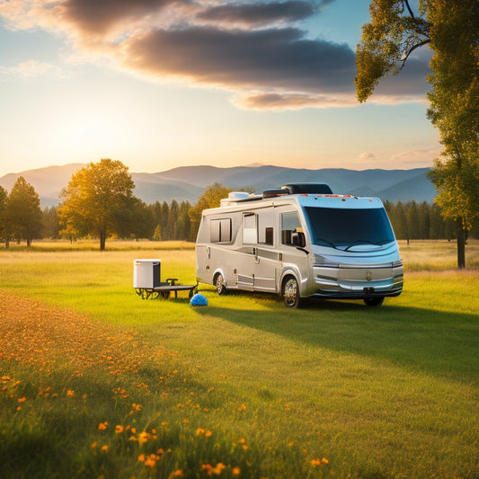 A serene, sun-kissed RV parked in a lush meadow, with a sleek solar panel array on its roof, connecting to a sleek, modern battery bank and inverter system inside.