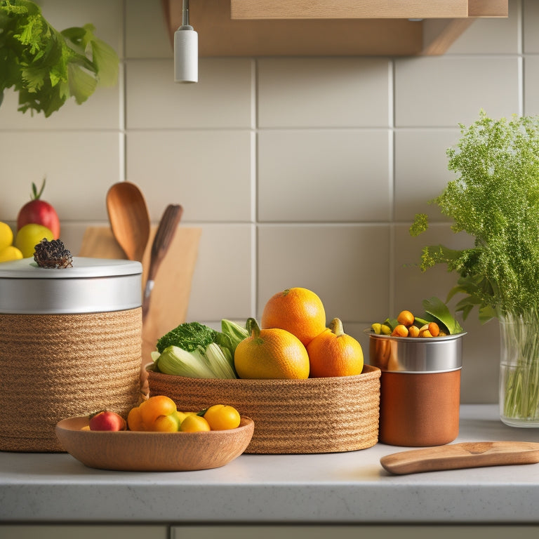 A tidy kitchen counter with a wooden utensil organizer, a stainless steel spice rack, and a tiered ceramic container holding fresh fruits and vegetables, against a warm beige background.