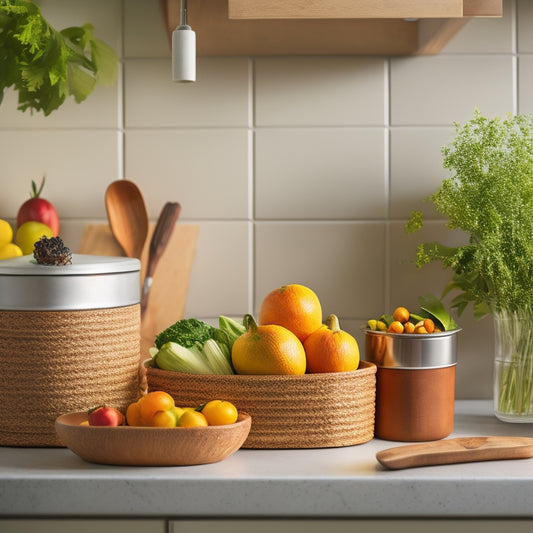 A tidy kitchen counter with a wooden utensil organizer, a stainless steel spice rack, and a tiered ceramic container holding fresh fruits and vegetables, against a warm beige background.