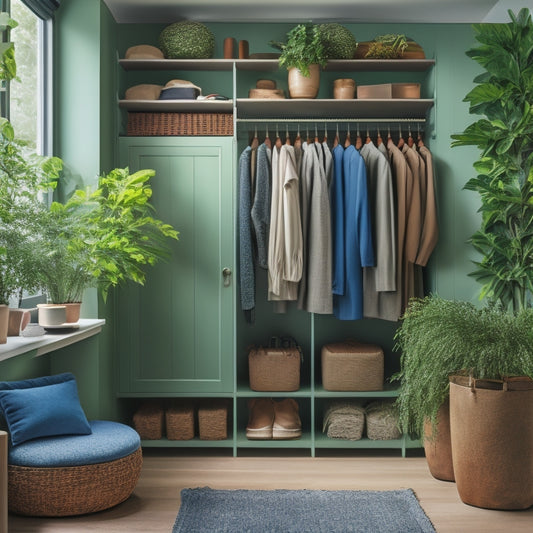 A serene, well-lit closet with neatly organized shelves, rods, and drawers, showcasing a minimalist wardrobe, with a few carefully selected outfits laid out on a velvet-covered ottoman, surrounded by lush green plants.