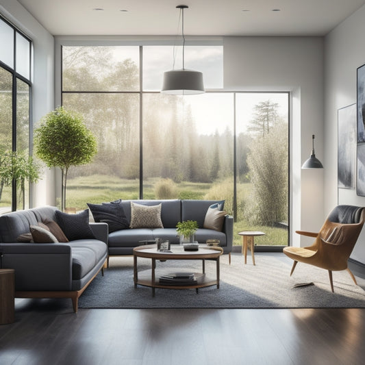 A serene modern living room with large windows, solar panels on the roof, a smart thermostat on the wall, and a sleek, energy-efficient LED lamp on an end table.