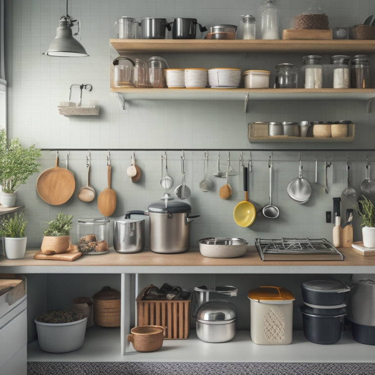 A cluttered small kitchen with pots and utensils overflowing from countertops, contrasted with a tidy version featuring a pegboard, stackable containers, and a cart with labeled drawers.
