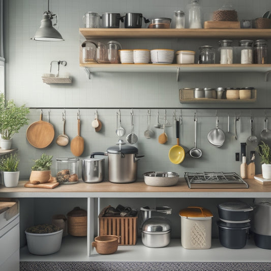 A cluttered small kitchen with pots and utensils overflowing from countertops, contrasted with a tidy version featuring a pegboard, stackable containers, and a cart with labeled drawers.