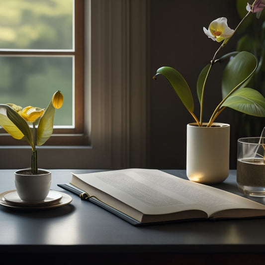 A serene, minimalist room with a blurred background, featuring a tidy desk with a single, blooming orchid, a few scattered papers, and a small, leather-bound journal, illuminated by soft, natural light.