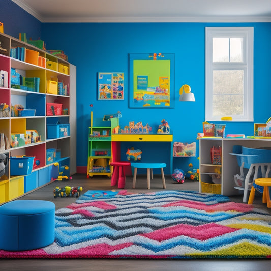 A colorful, modern playroom with various kids' storage furniture pieces, such as bins, shelves, and desks, arranged in a harmonious and organized manner, surrounded by toys and learning materials.