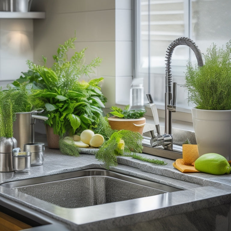 A modern kitchen sink with a sleek, stainless steel faucet, surrounded by a tidy countertop, a few decorative utensils, and a small potted herb, contrasting with a messy, cluttered sink in the background, with soap suds and dirty dishes.