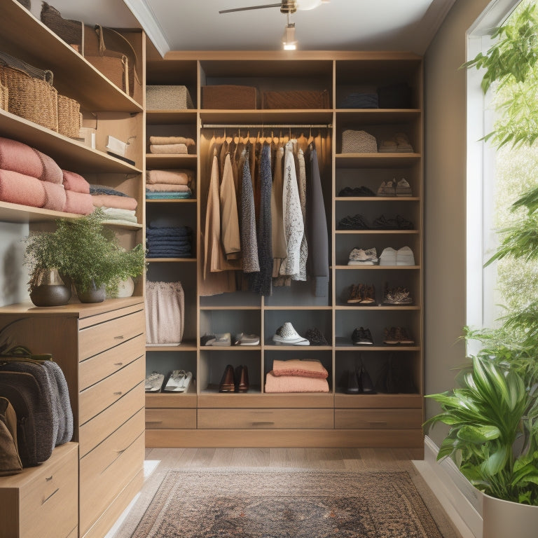 A serene, well-lit walk-in closet with custom-built shelves, drawers, and rods in a calming wood tone, surrounded by neatly organized clothing, shoes, and accessories, with a few decorative plants.