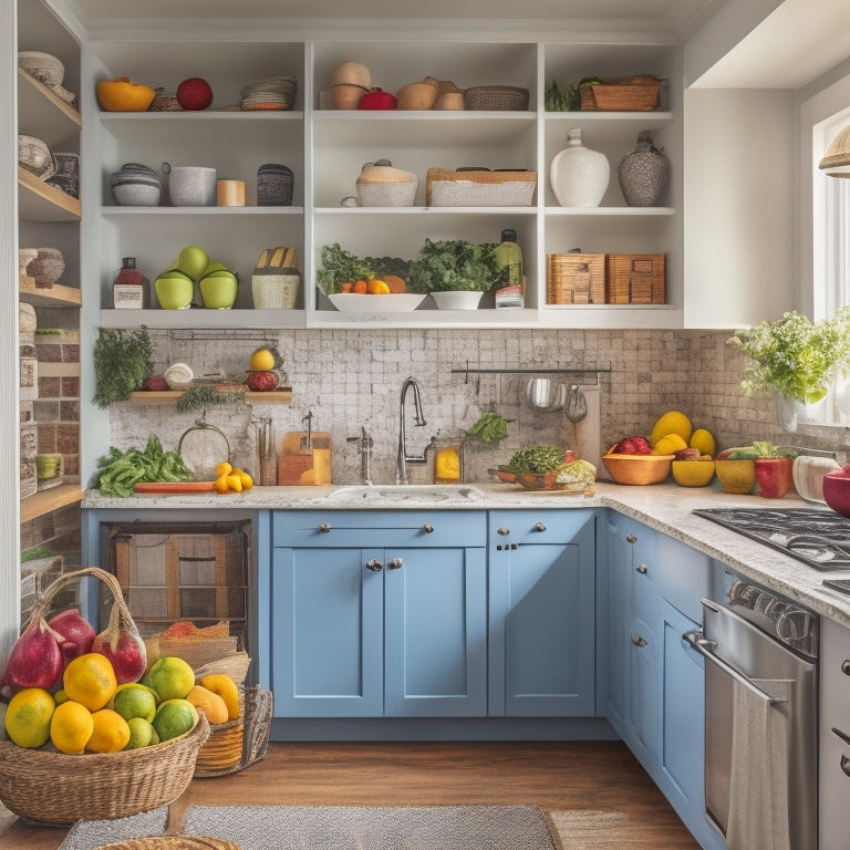 A clutter-free, well-organized kitchen area with a compact refrigerator, sink, two-burner stove, and wooden shelves storing cookbooks, utensils, and baskets of fresh fruits and vegetables.