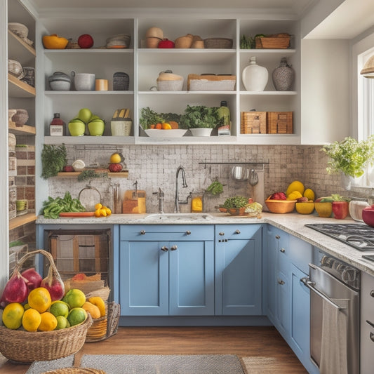 A clutter-free, well-organized kitchen area with a compact refrigerator, sink, two-burner stove, and wooden shelves storing cookbooks, utensils, and baskets of fresh fruits and vegetables.
