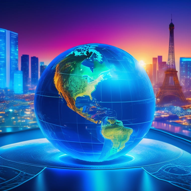 A globe with glowing blue lines and nodes, surrounded by diverse professionals of different ages, ethnicities, and abilities, working together, with laptops, tablets, and smartphones, amidst cityscapes and natural landscapes.