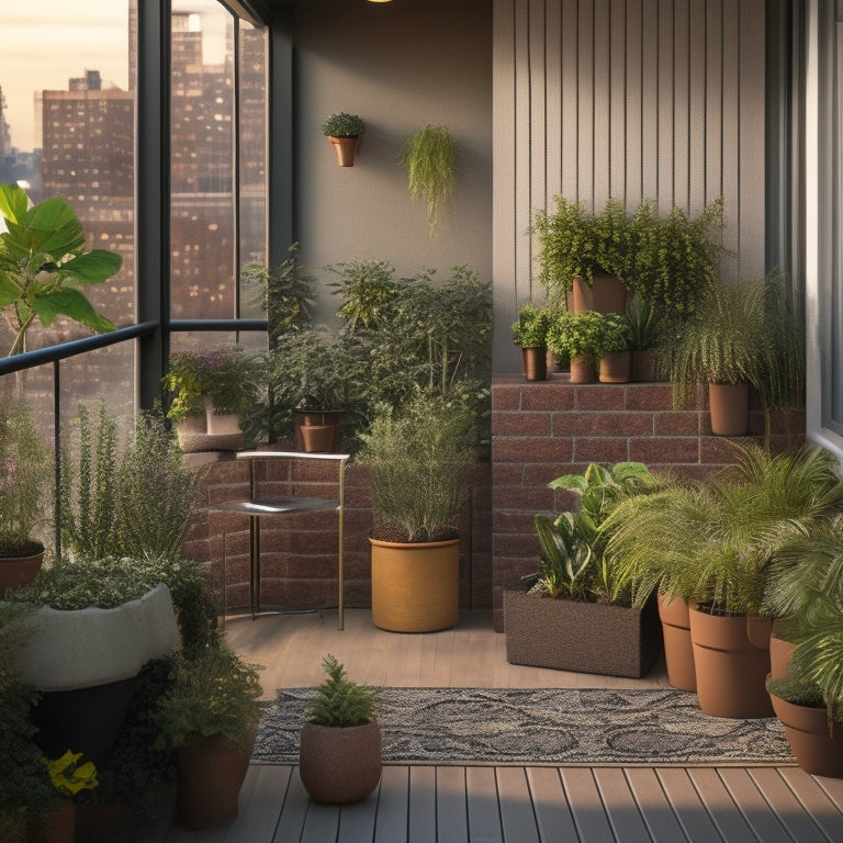 A cozy, well-lit, 5x5 foot urban balcony with a sleek, modern trellis system, showcasing 10-12 potted plants of varying sizes, colors, and textures, arranged in a harmonious, space-saving layout.