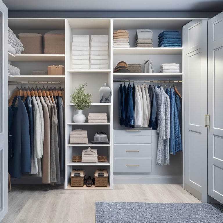 A serene, well-lit closet interior with a customized organizational system: sleek shelves, soft-close drawers, and adjustable rods, surrounded by neatly arranged clothes, shoes, and accessories in a calming color palette.