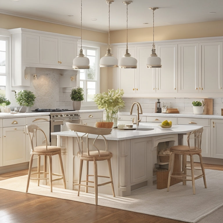 A warm, well-lit kitchen with cream-colored cabinets, a rectangular island with stools, and a circular dining table for four, set against a soft, light gray background with natural wood accents.