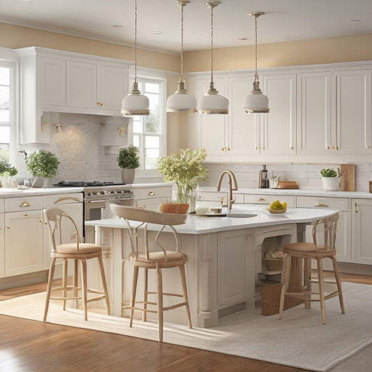 A warm, well-lit kitchen with cream-colored cabinets, a rectangular island with stools, and a circular dining table for four, set against a soft, light gray background with natural wood accents.
