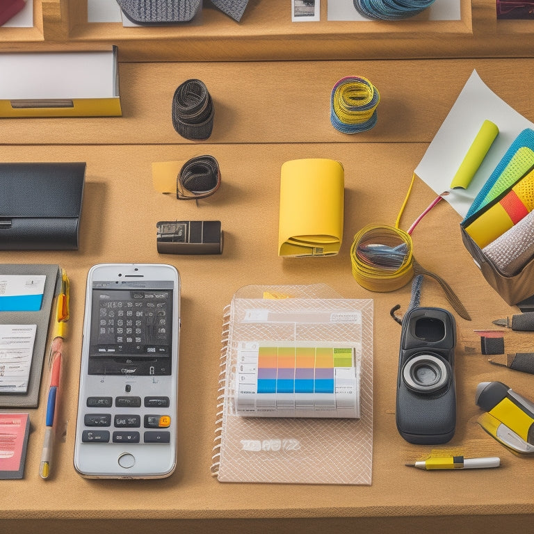 A tidy, modern desk with a smartphone, a label maker, and a few rolls of colorful labels, surrounded by neatly labeled office supplies and organized cables.