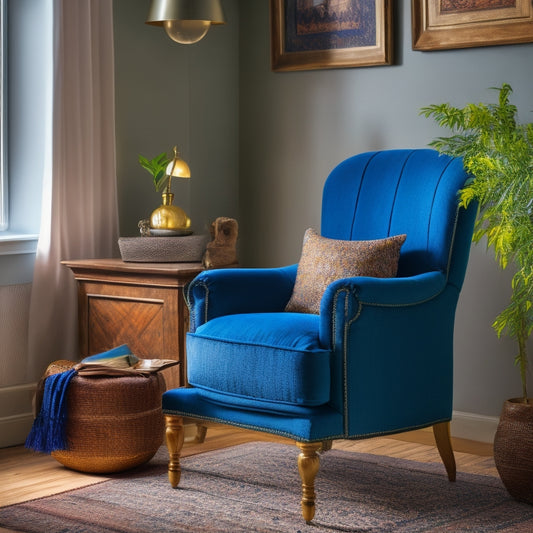 A serene, well-lit living room with a refurbished vintage armchair, adorned with a vibrant throw pillow, surrounded by minimal, repurposed decorative items on a refurbished wooden side table.