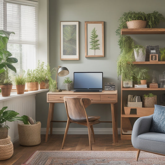 A serene, organized living room with a laptop on a clutter-free desk, surrounded by tidy storage bins and a few framed plants, with a subtle background of a calendar or planner.