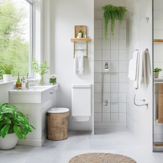 A serene, minimalist bathroom with a wall-mounted cabinet, a pedestal sink with a slide-out drawer, and a shower caddy with hanging baskets and a rainfall showerhead.