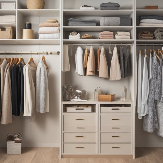 A tidy, organized closet with a mix of open shelves, drawers, and hanging rods, showcasing a variety of clothing and accessories, with a subtle background of soft, calming colors.