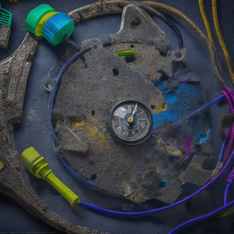 An entangled mess of colorful wires, broken gears, and shattered puzzle pieces surrounding a worn-out clock, set against a dark gray background with faint outlines of frustrated faces in the shadows.