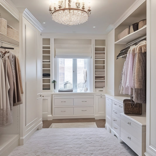 A serene, well-lit walk-in closet with creamy white walls, dark wood shelves, and a plush, cream-colored carpet. A floor-to-ceiling mirror, a velvet ottoman, and a few stylish dresses on wooden hangers.