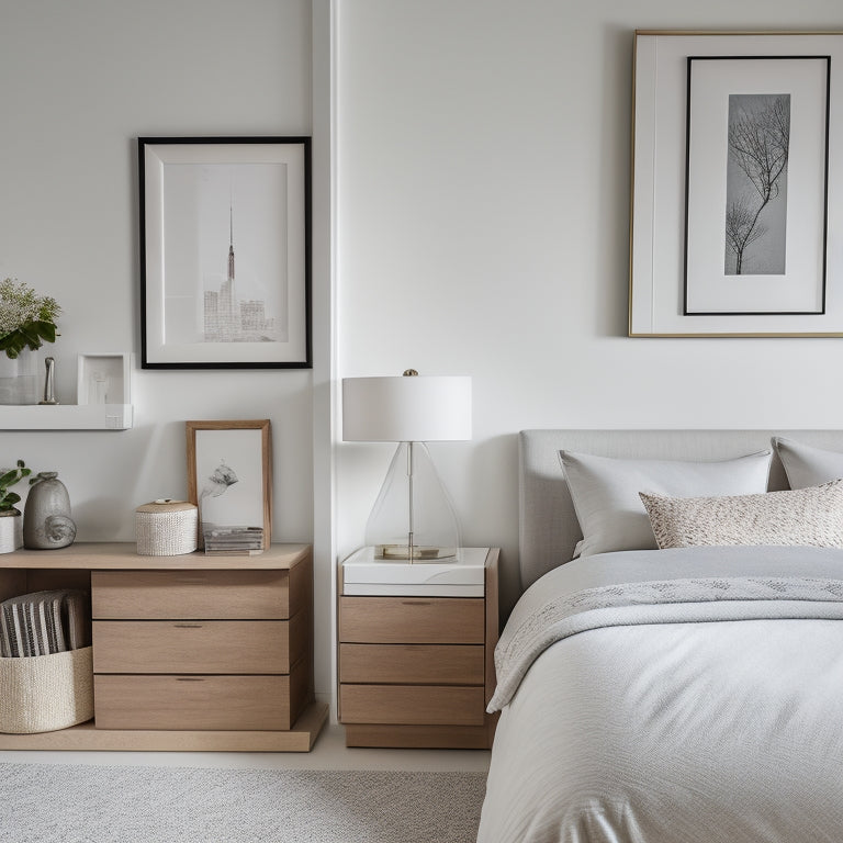 A serene, minimalist bedroom with a plush, white duvet, neatly organized nightstands, and a closet with organized shelves, drawers, and a few elegant, framed photos on the walls.