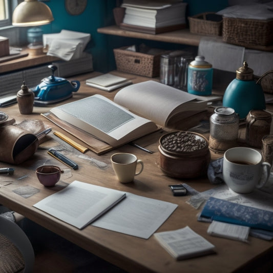 A cluttered desk with scattered papers, pens, and a toppled-over cup of coffee, surrounded by a blurred background of messy shelves and disorganized furniture, with a small, clean, and empty notebook in the center.