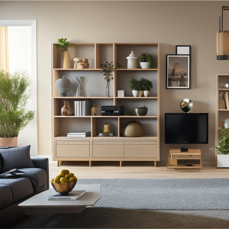 An organized living room with a minimalist aesthetic, featuring a sleek, wall-mounted Homeid system with retractable storage compartments, surrounded by a few, carefully placed decorative items.