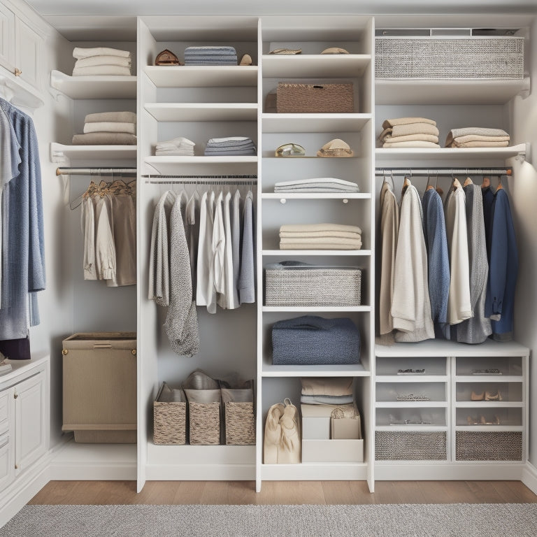 A tidy, well-lit closet interior with a double rod installed, showcasing organized clothes, shoes, and accessories, featuring shelves, bins, and hooks in a calming, neutral color scheme.