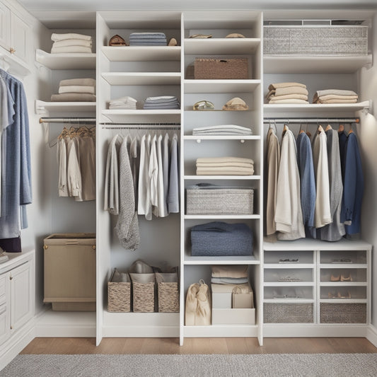A tidy, well-lit closet interior with a double rod installed, showcasing organized clothes, shoes, and accessories, featuring shelves, bins, and hooks in a calming, neutral color scheme.