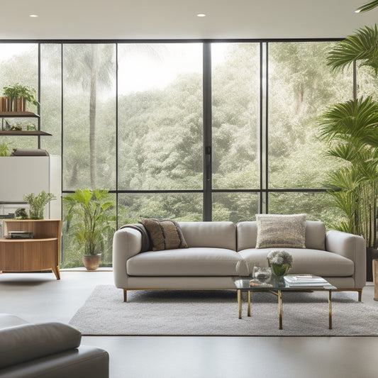 A serene, modern Broward County living room with custom-built shelving, sleek cabinetry, and a minimalist coffee table, set against a backdrop of large windows and lush greenery.