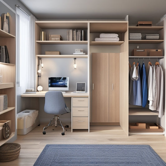 A tidy, small apartment with a murphy bed, a desk with built-in shelves, and a clothes rack with hanging organizers, showcasing space-saving solutions on a budget.