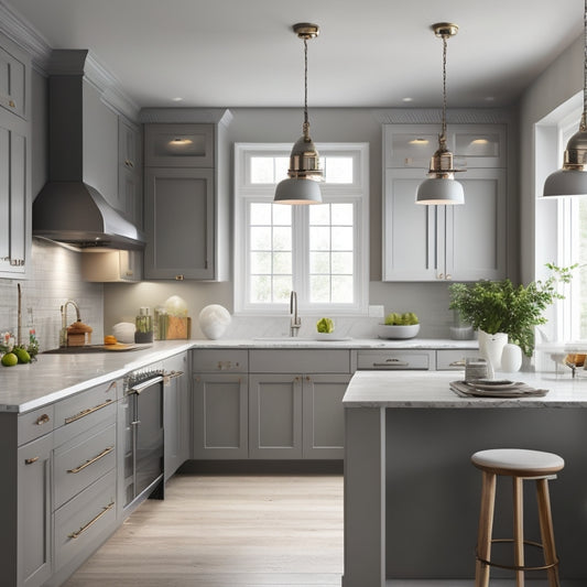 A narrow kitchen with sleek, handle-free cabinets in a soft gray tone, adorned with a few strategically placed pendant lights, and a compact, L-shaped countertop with a built-in sink.