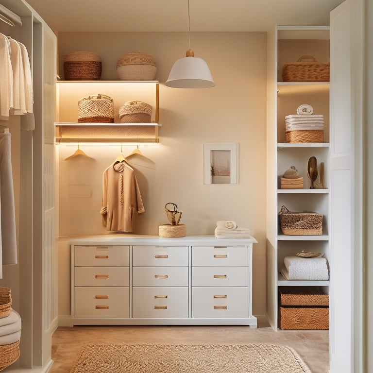A serene, minimalist closet with soft, creamy walls, a floor-to-ceiling shelving unit, and a mix of wooden and woven storage baskets, illuminated by a single, elegant pendant light.