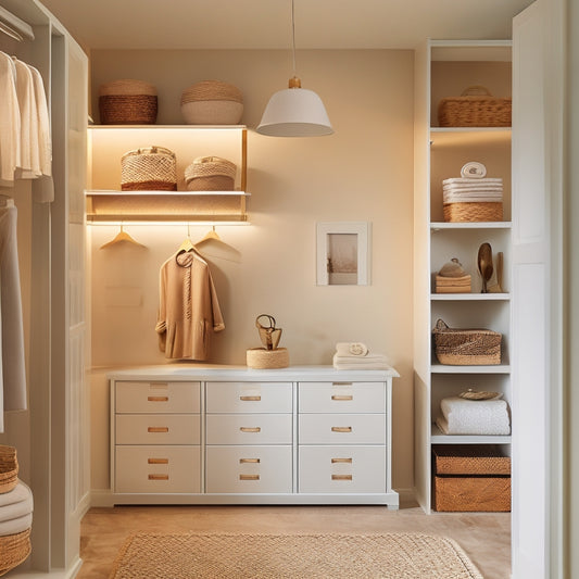 A serene, minimalist closet with soft, creamy walls, a floor-to-ceiling shelving unit, and a mix of wooden and woven storage baskets, illuminated by a single, elegant pendant light.