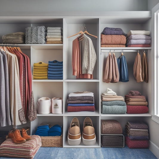 A tidy closet interior with 5-7 sweaters folded into compact rectangles, stacked vertically on a shelf, each one slightly overlapping the one below, with a few hangers holding dresses or coats in the background.