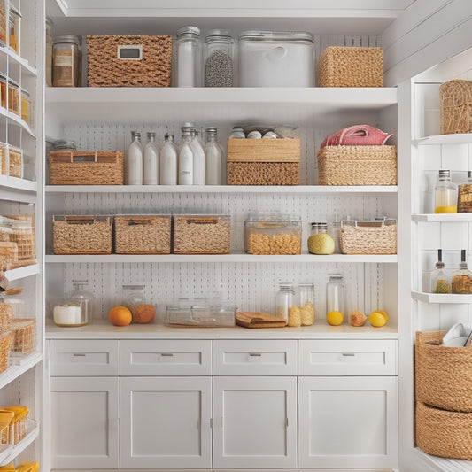 A bright, modern pantry with sleek white shelves, baskets, and containers, featuring a pegboard with hanging utensils, a Lazy Susan, and a pull-out drawer with neatly stacked canned goods.